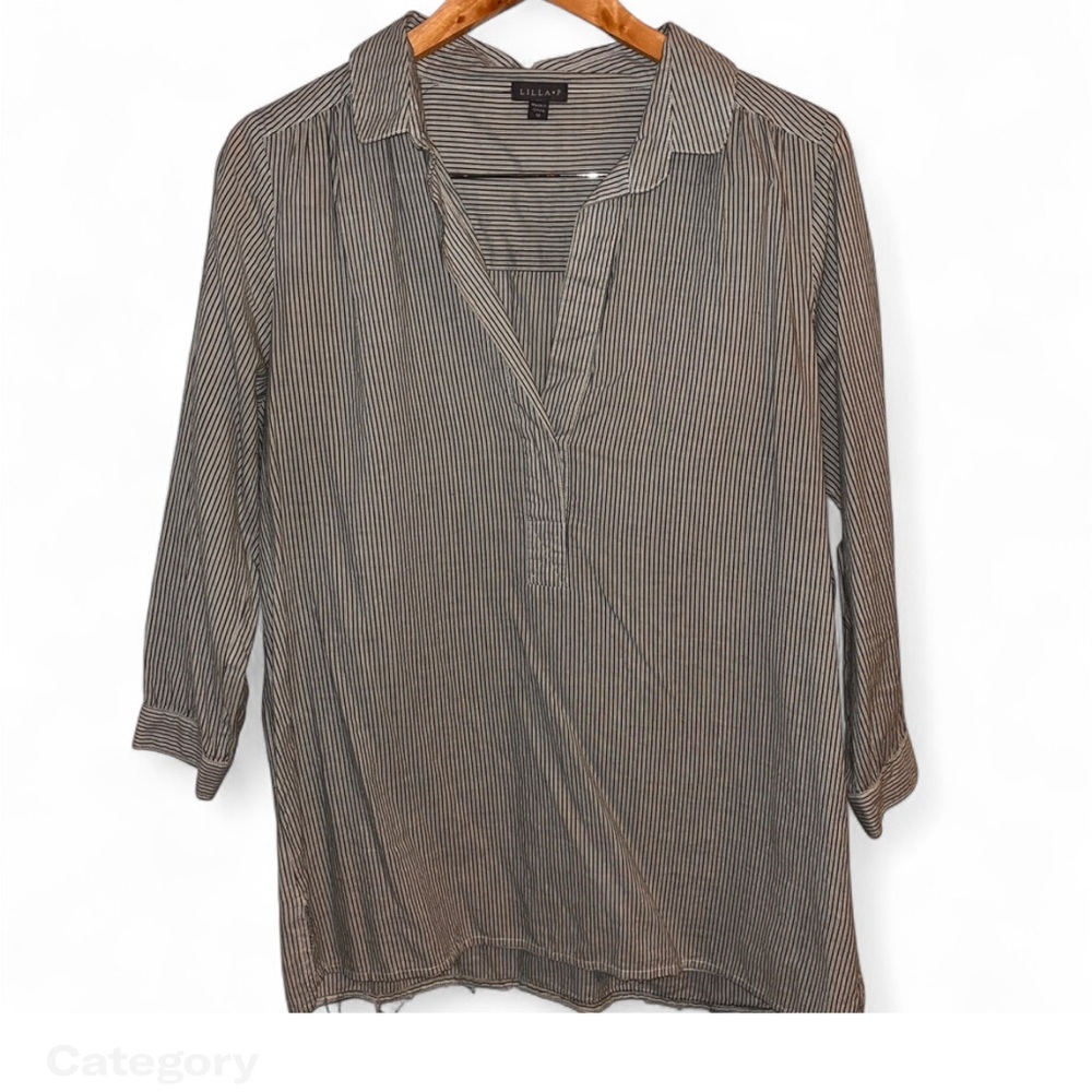Lilla P Striped Blouse - Blue & White/ dolman 3/4 sleeves/ chic collar